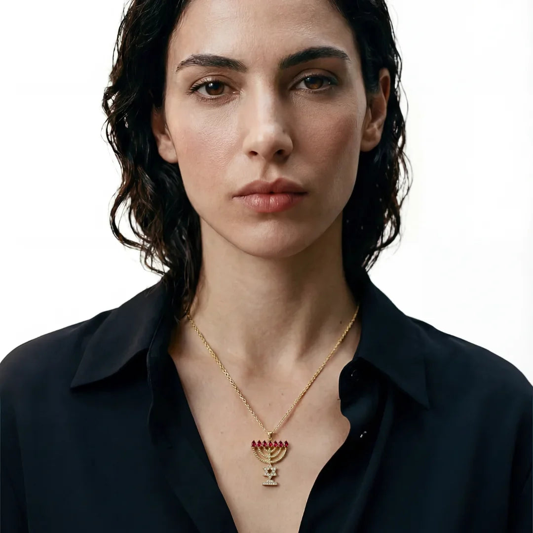 14k gold - Menorah Legacy Necklace with lab-grown diamonds and ruby, handcrafted in Israel