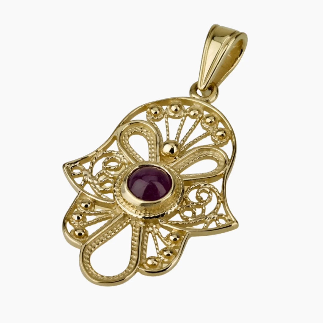 Colgante de Hamsa Heritage de oro de 14 quilates con granate