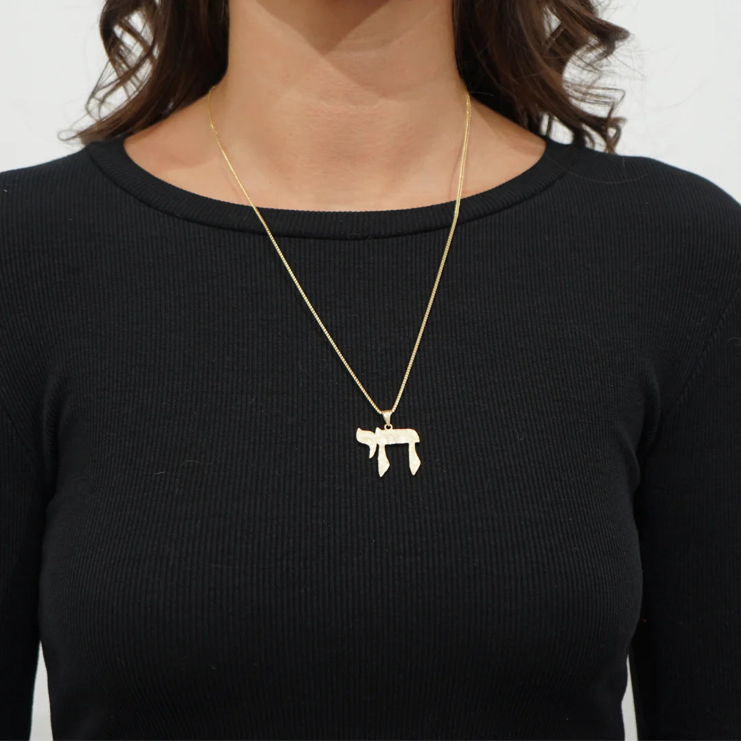 Large Rugged Chai Pendant Handmade with 14K Solid Gold