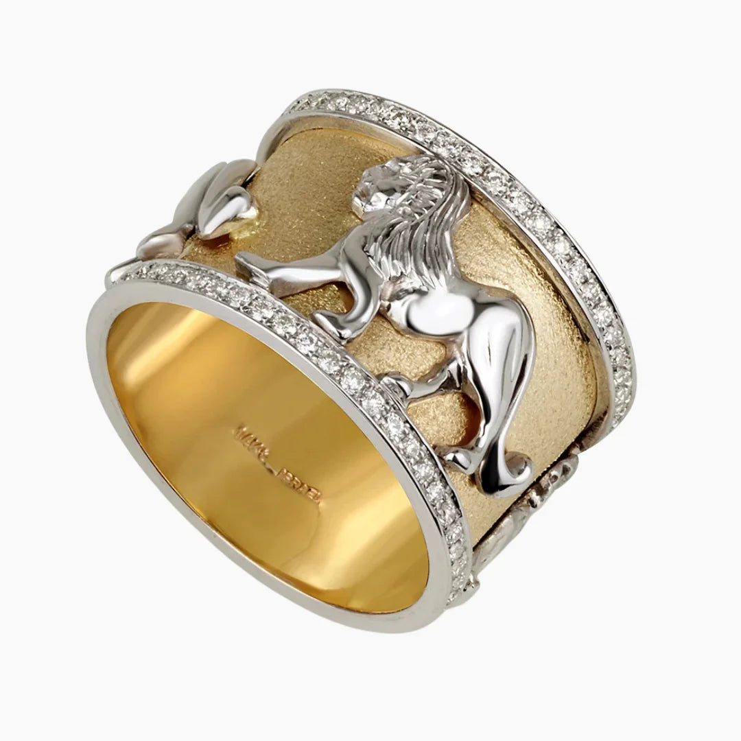 Bague en or 14 carats avec emblème du lion de Jérusalem et diamants