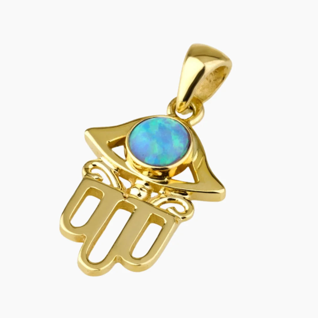 Colgante radiante de Hamsa en oro de 14 quilates con ópalo
