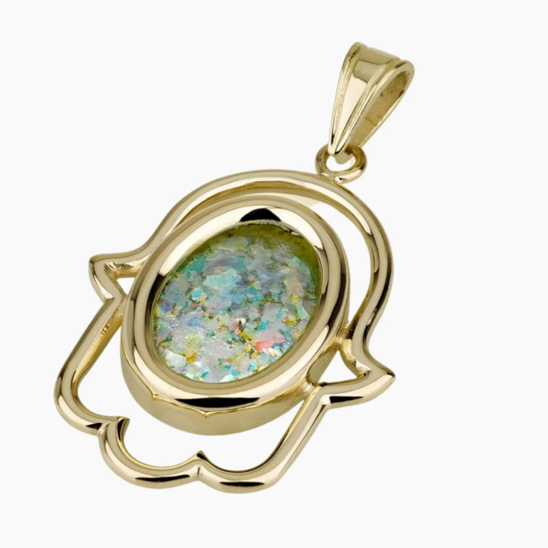 Colgante de Hamsa de oro de 14 quilates con cristal romano antiguo