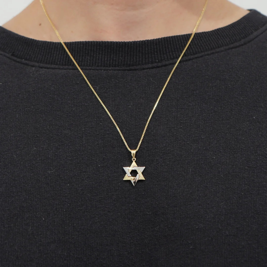 Colgante bulboso de estrella de David en oro blanco y amarillo de 14 quilates