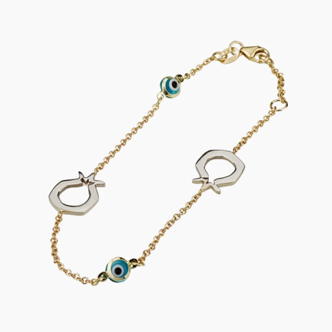 14K Gold Bracelet with Eye and Pomegranate Charms