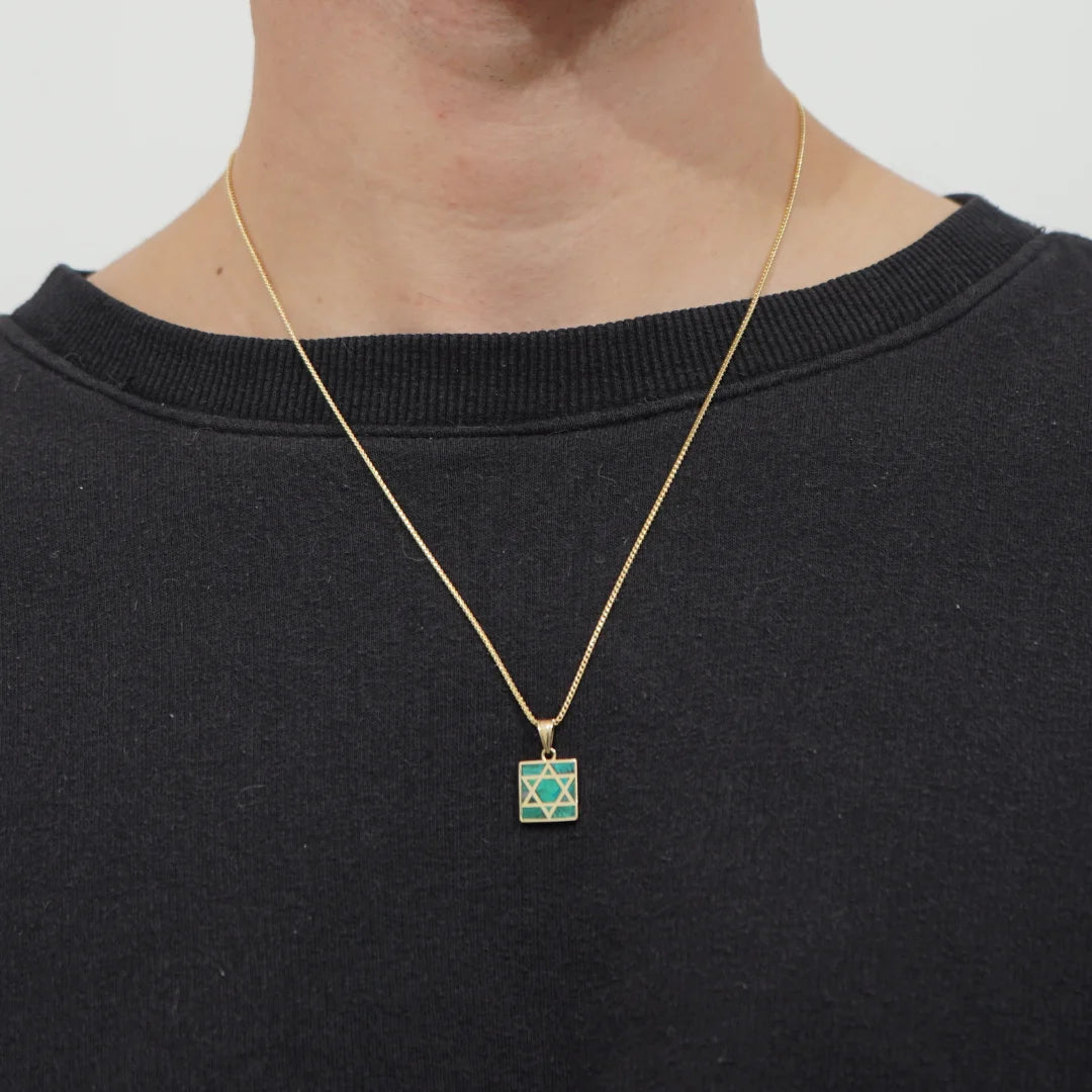 Squared 14K Solid Gold Star of David Pendant with Eilat Stone