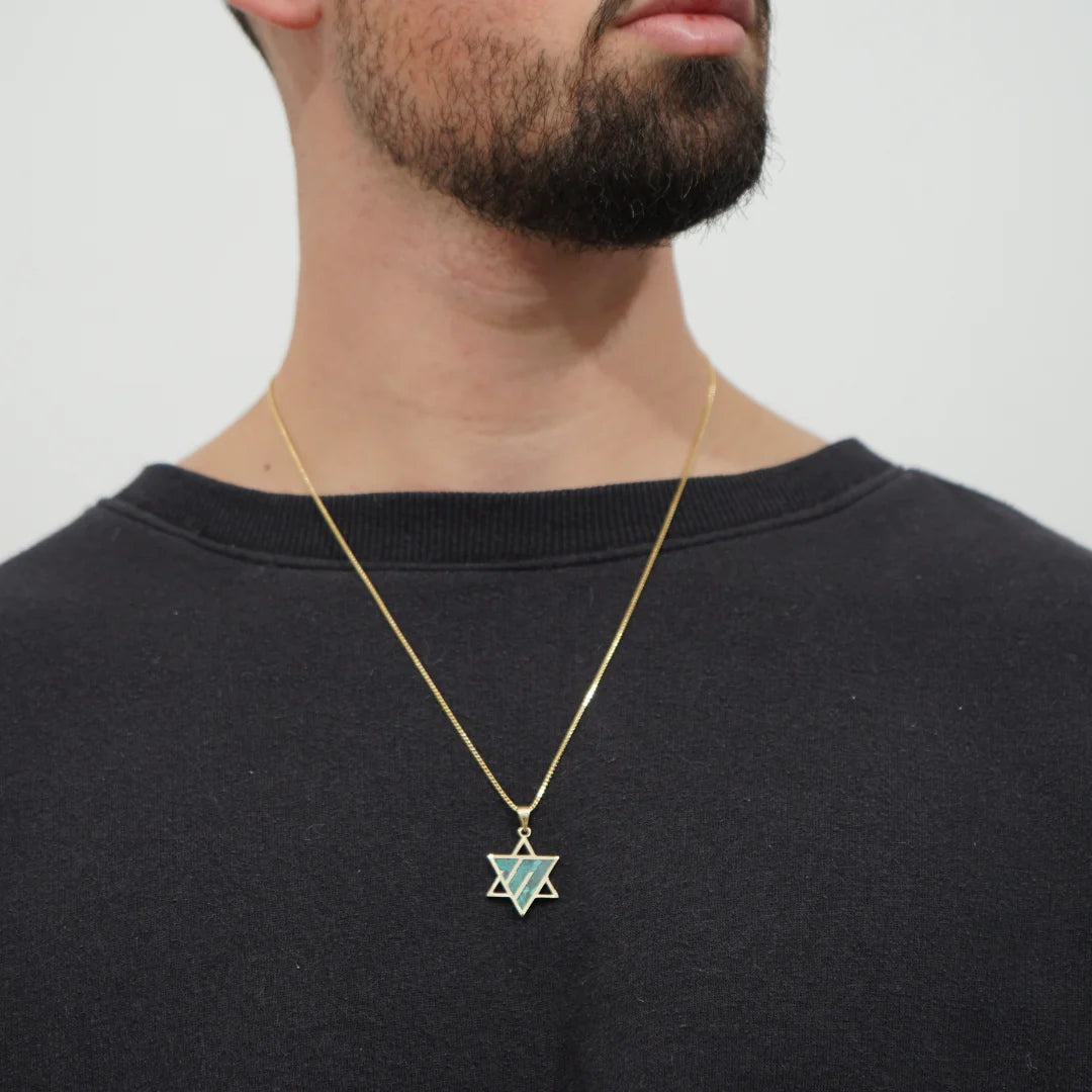 14K Gold Star of David Pendant with Eilat Stone Chai Letters