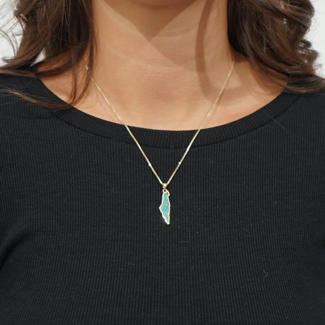 Pendentif carte d'Israël fait main en pierre d'Eilat et or massif 14 carats