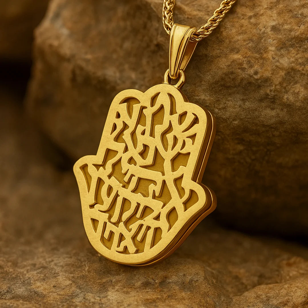 14K Solid Gold Hamsa Pendant With Shema Israel Prayer