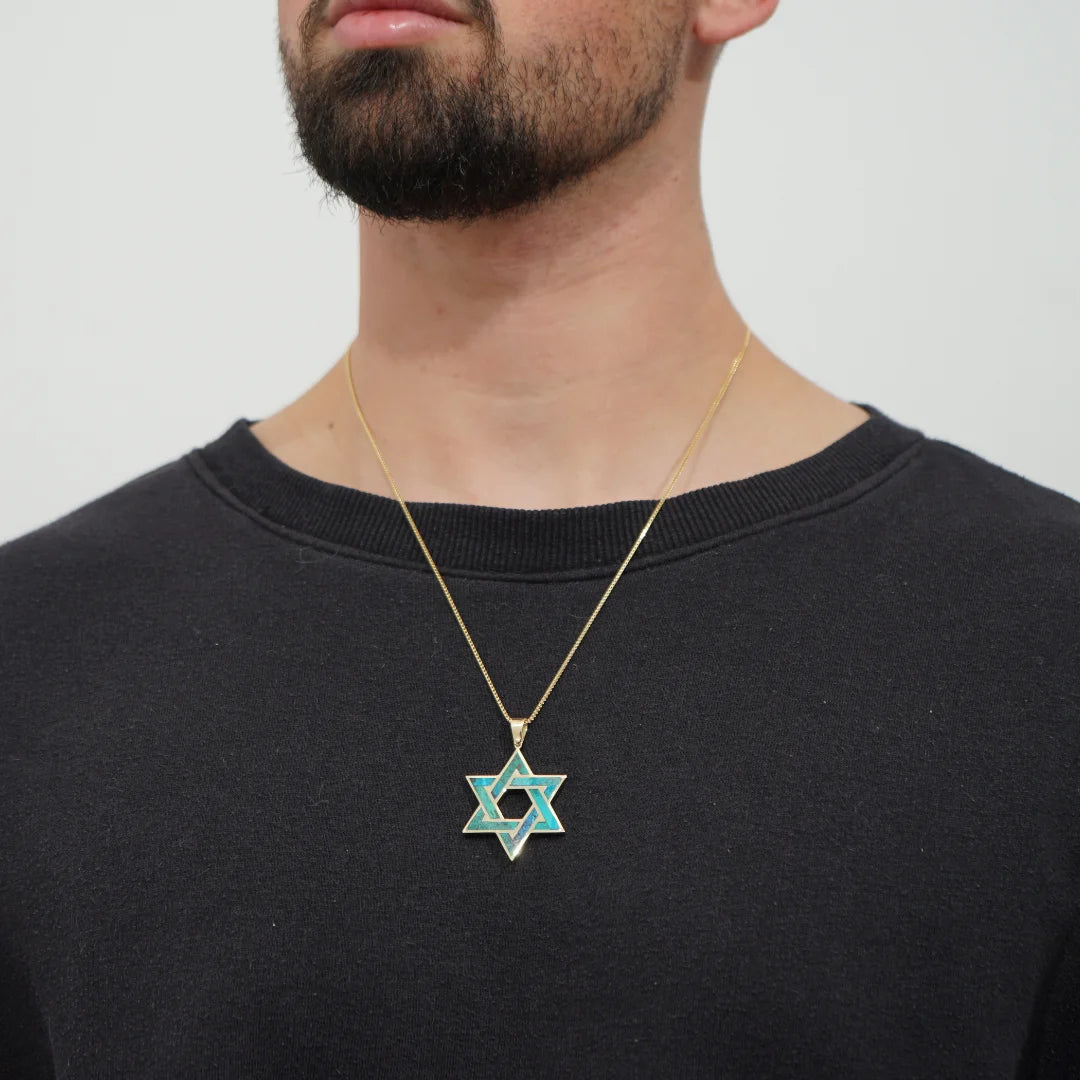 Large Star of David Pendant with Eilat Stone & Solid 14K Gold