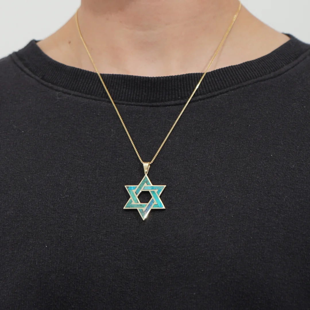 Large Star of David Pendant with Eilat Stone & Solid 14K Gold