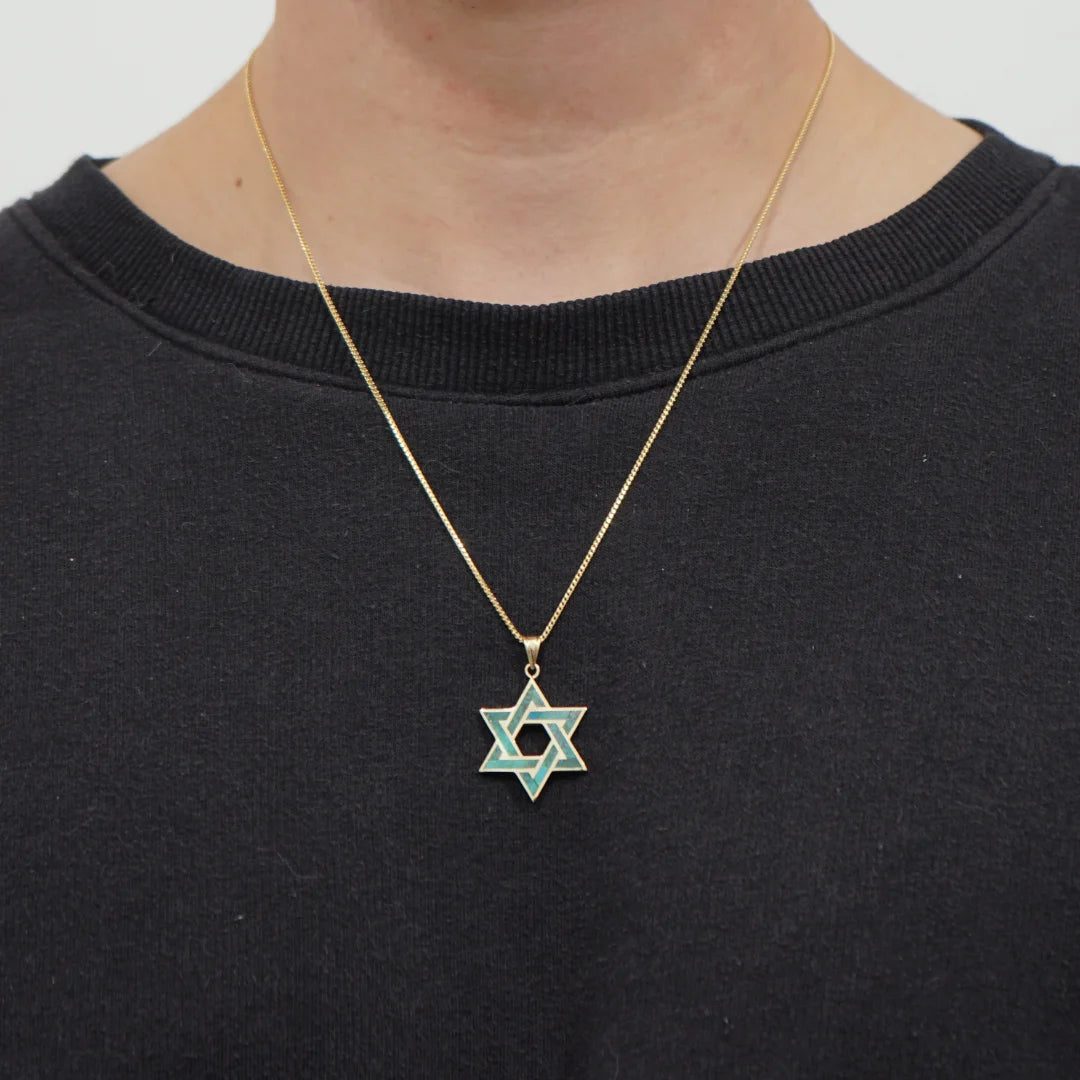 Eilat stone & 14K Solid Gold Star of David Pendant Intertwined