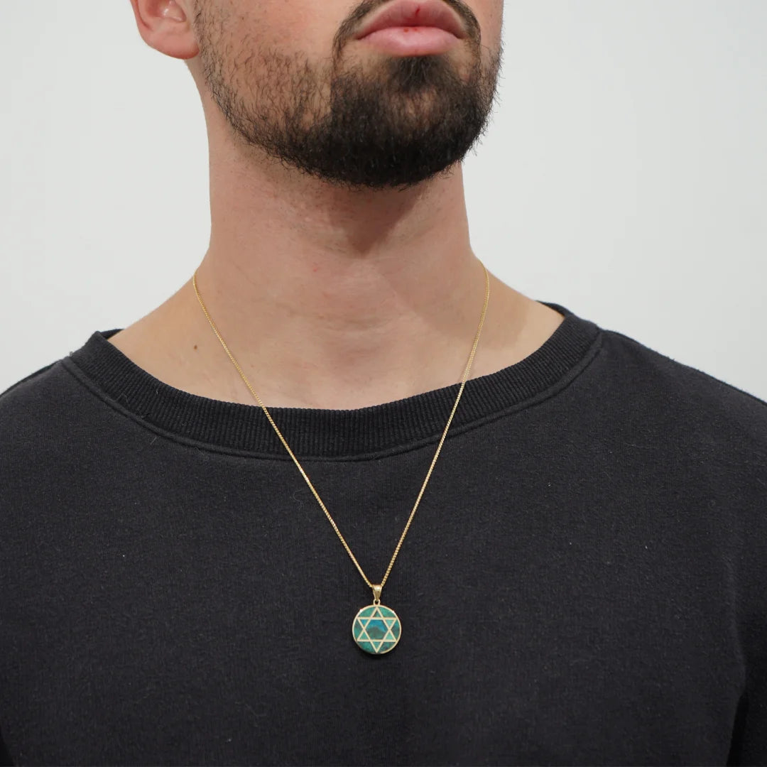 Eilat stone Circled 14K Gold Star of David Pendant