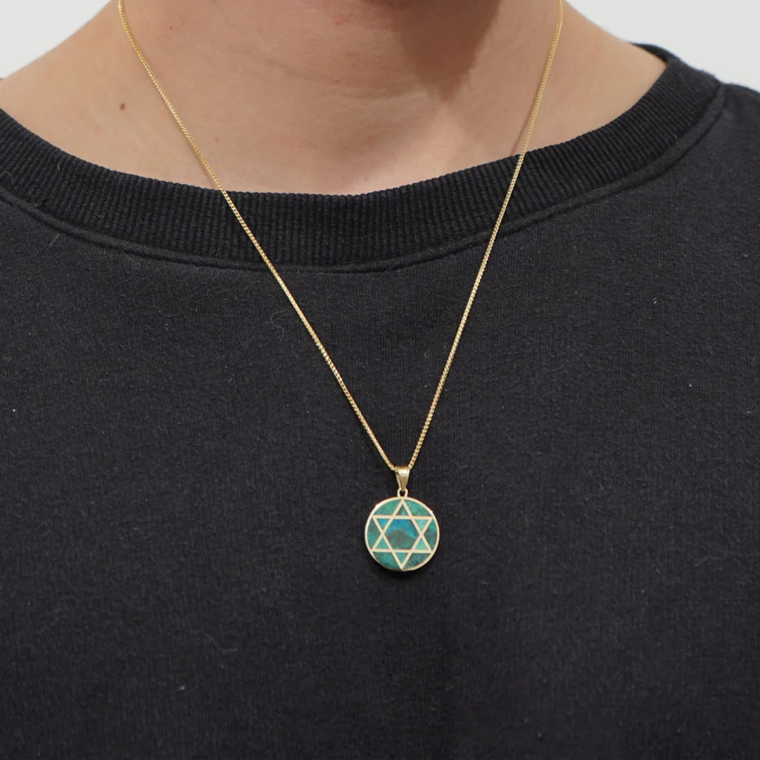Eilat stone Circled 14K Gold Star of David Pendant