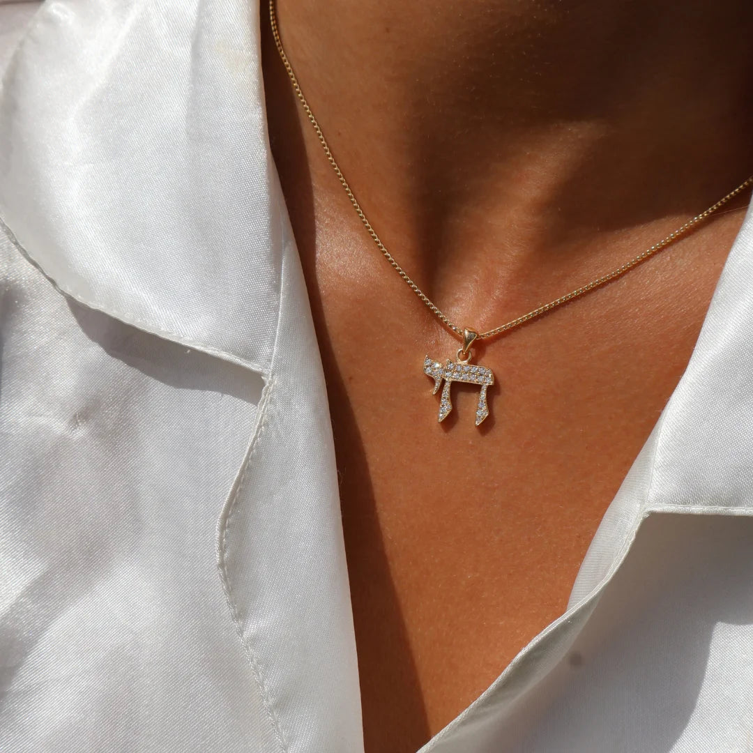 Classic 18K Solid Gold Chai Pendant Adorned With Diamonds