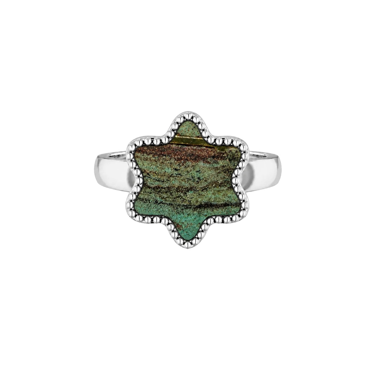 14K White Gold Desert Green - Tyferet Symbol Eilat Stone Ring with natural Eilat Stone, handcrafted in Israel
