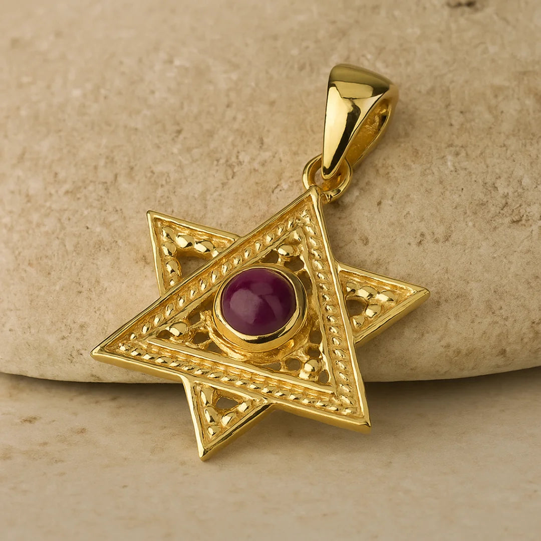 Handmade 14K Solid Gold Star of David Pendant with Special Ruby