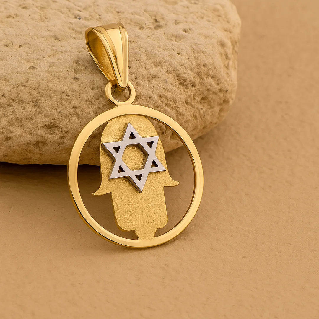 Pendentif Hamsa éternel en or 14 carats avec étoile de David