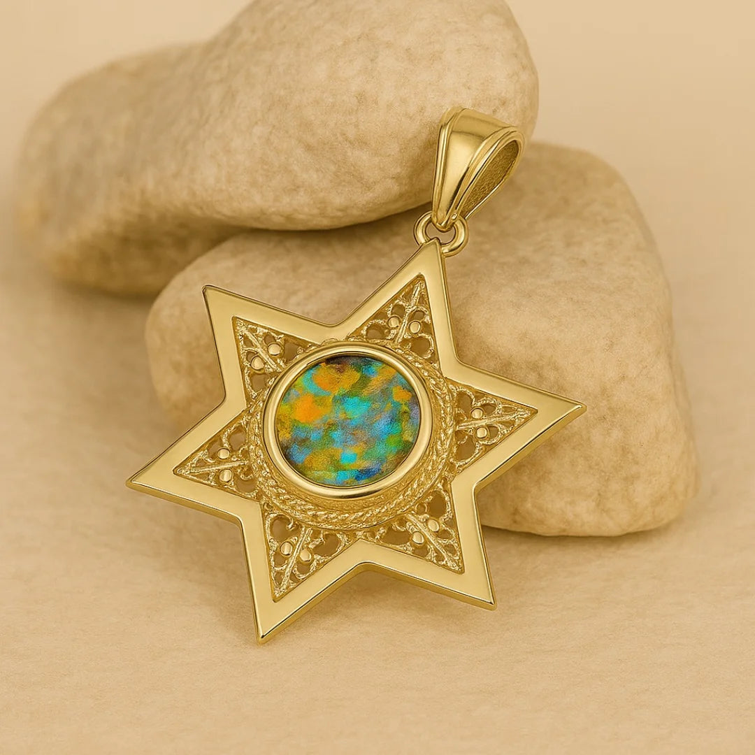 Timeless 14K Gold Roman Glass pendant with Star of David