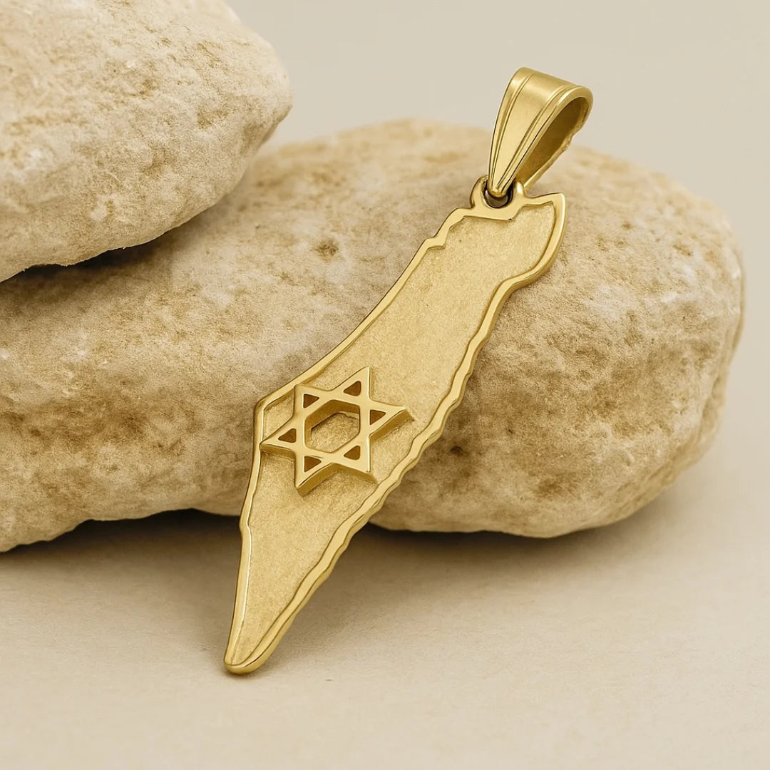 Large 14K Solid Gold Israel Map Pendant With Star of David