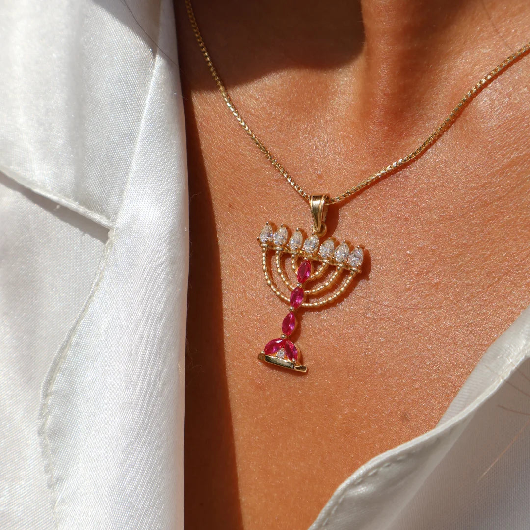 Heritage Deluxe 18k Gold Menorah Pendant with Diamonds and Ruby