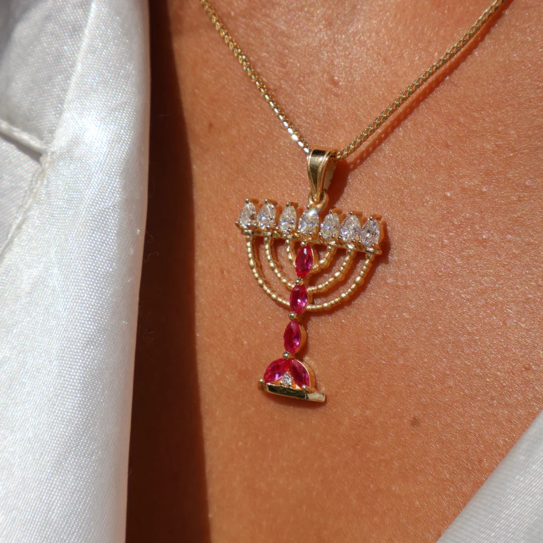 Heritage Deluxe 18k Gold Menorah Pendant with Diamonds and Ruby
