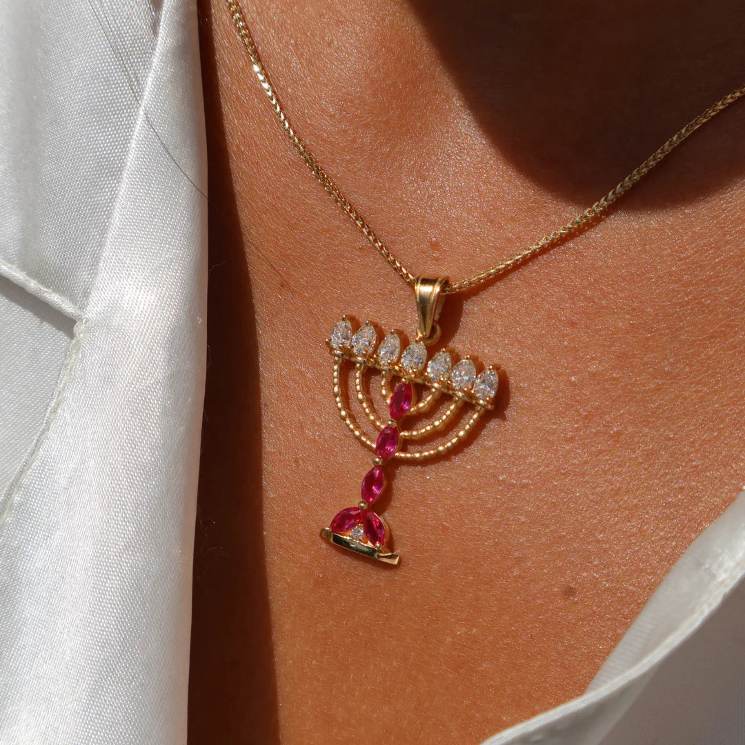 Heritage Deluxe 18k Gold Menorah Pendant with Diamonds and Ruby