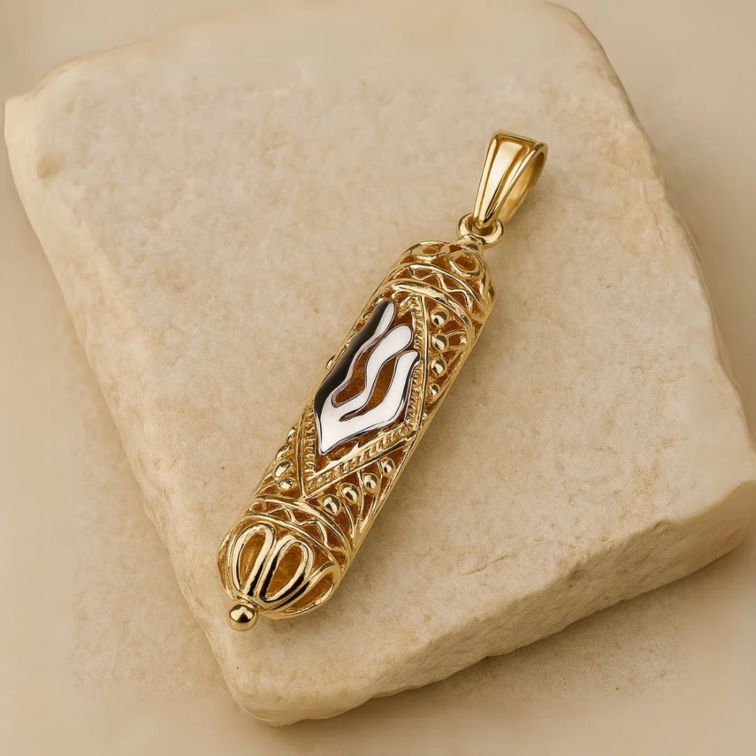 14K White & Yellow Gold Torah Scroll Mezuzah Pendant with Filigree Style