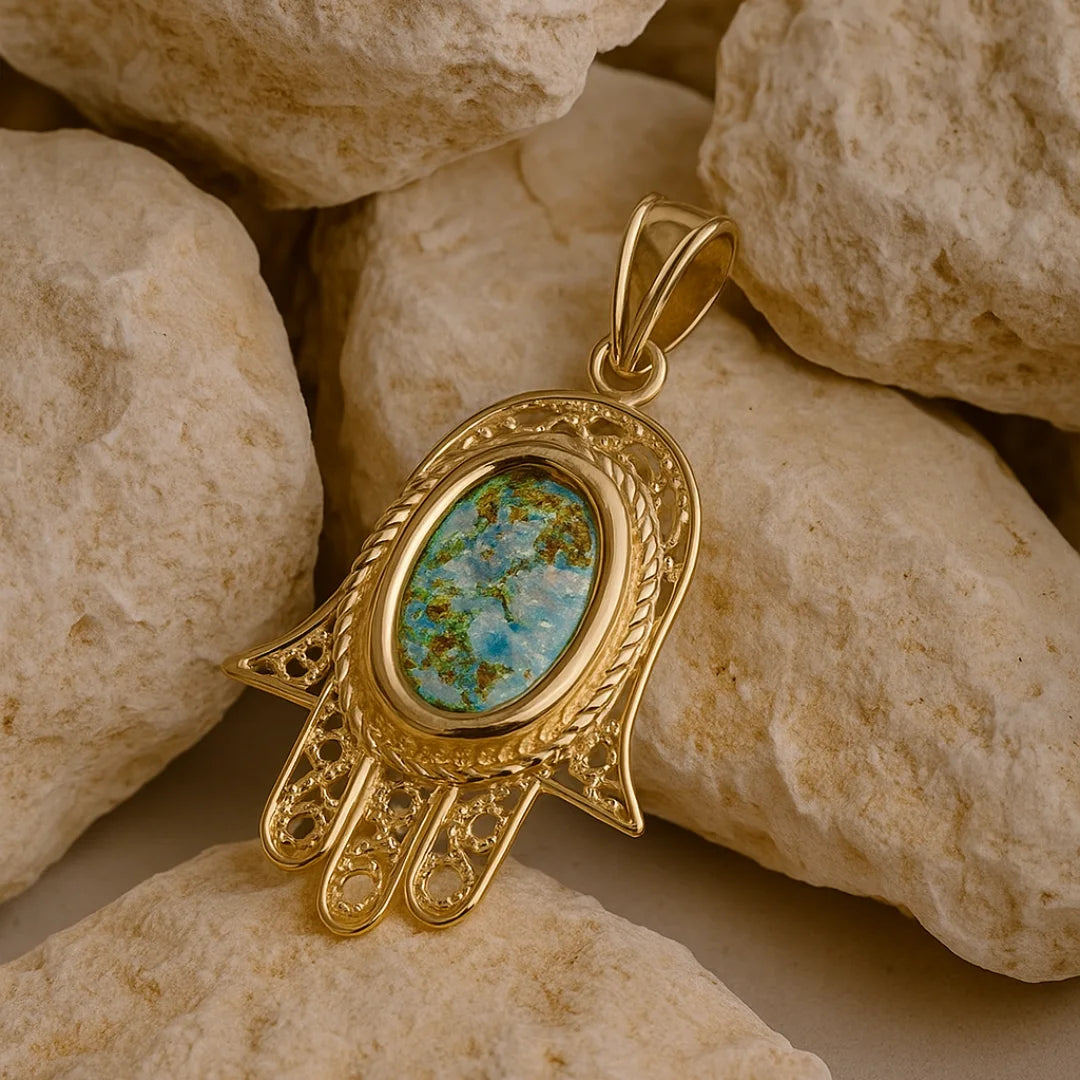 Timeless 14K Gold Hamsa Pendant with Roman Glass