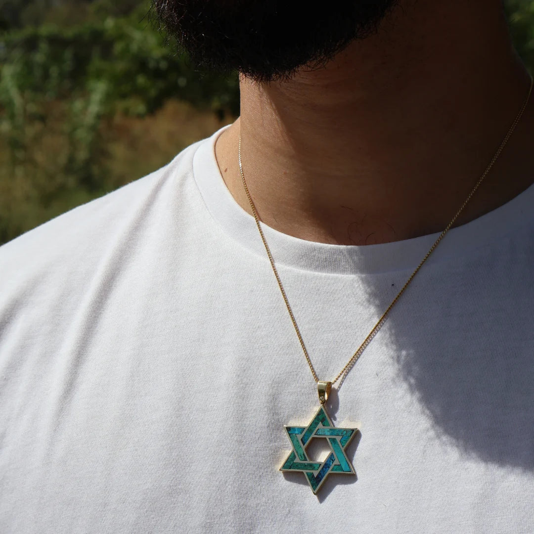 Large Star of David Pendant with Eilat Stone & Solid 14K Gold