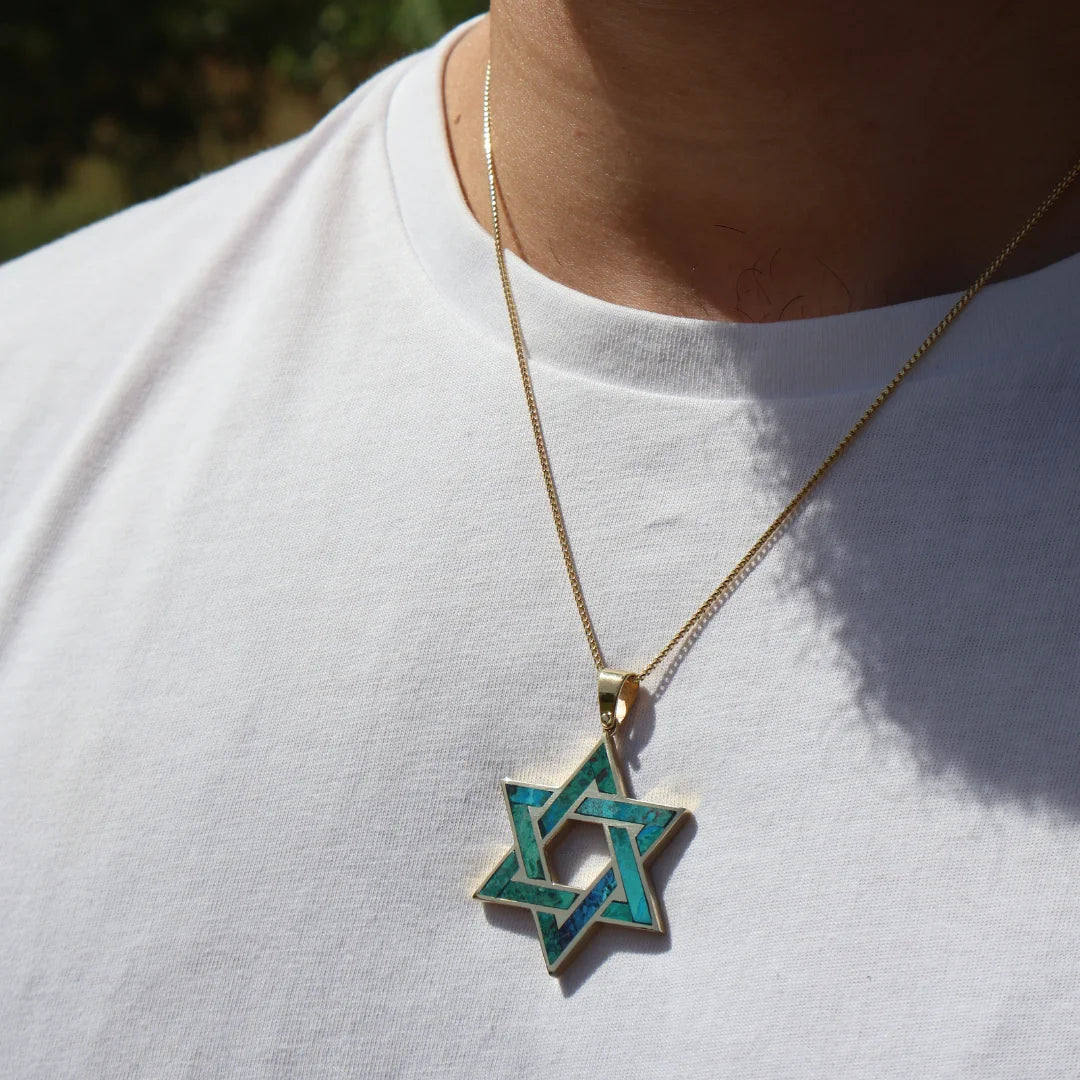 Large Star of David Pendant with Eilat Stone & Solid 14K Gold