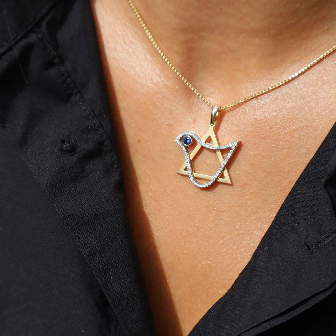 18K Gold Star of David Pendant & White Gold Dove Adorned with Sapphire & Diamonds