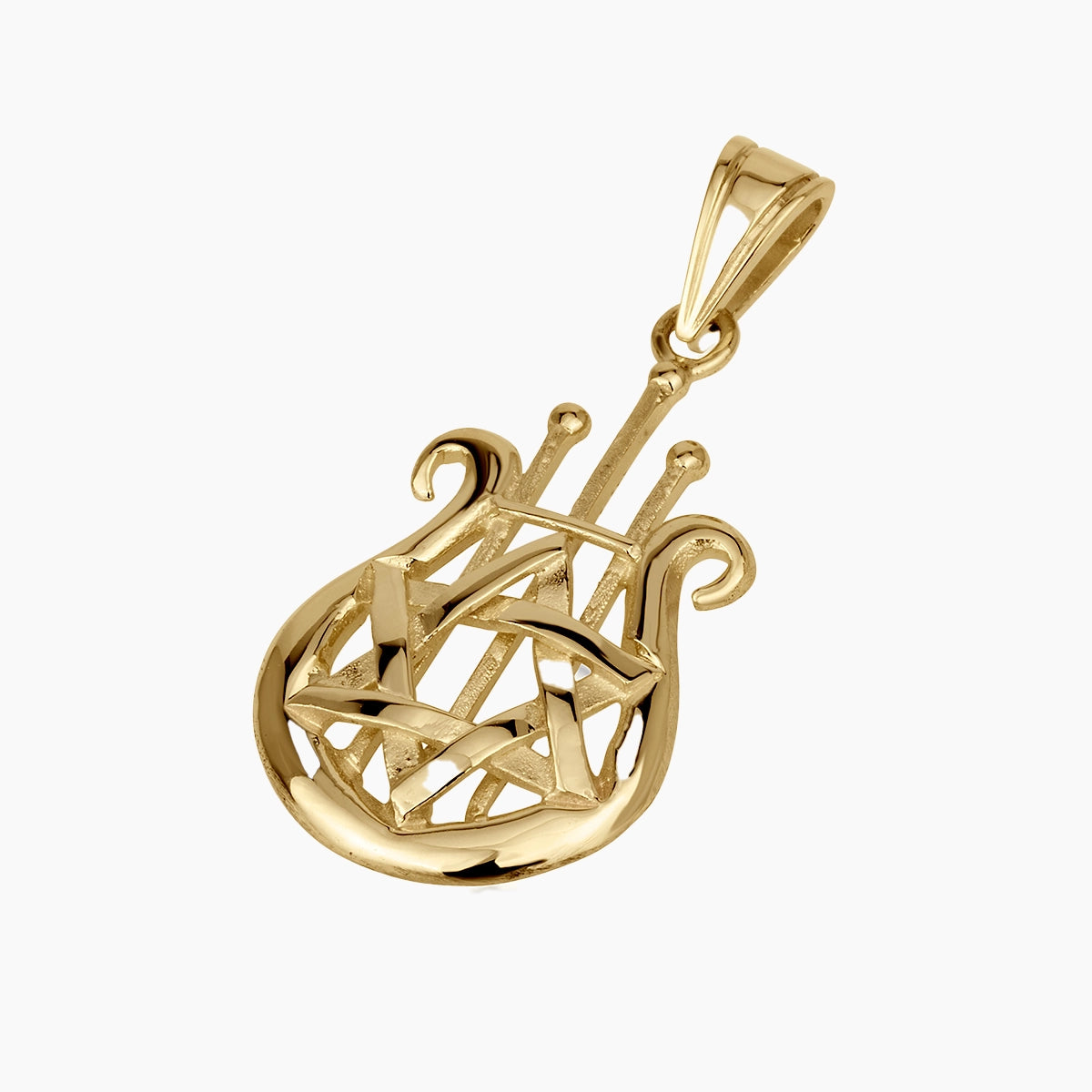 14K Gold David Harp With Star of David Pendant