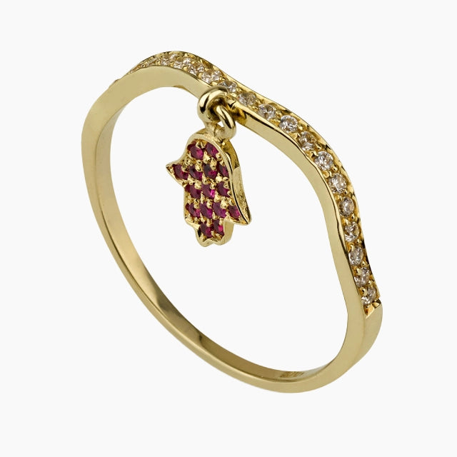 Bague en or 14 carats avec Hamsa sertie de diamants et de rubis