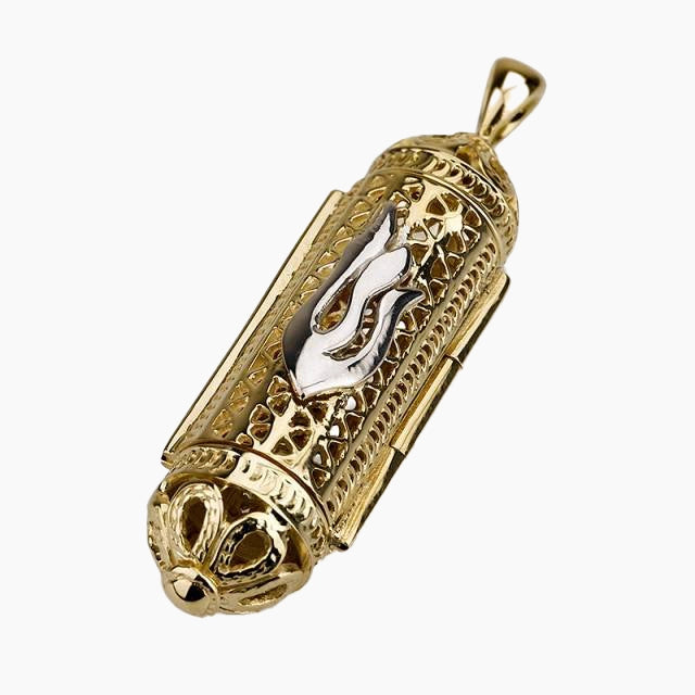 Pendentif Mezouza en or blanc et jaune 14 carats, style yéménite