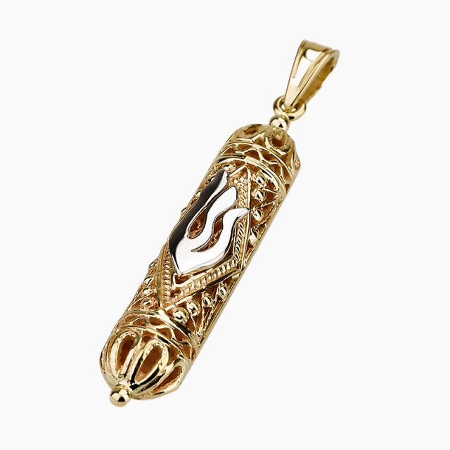 14K White & Yellow Gold Torah Scroll Mezuzah Pendant with Filigree Style