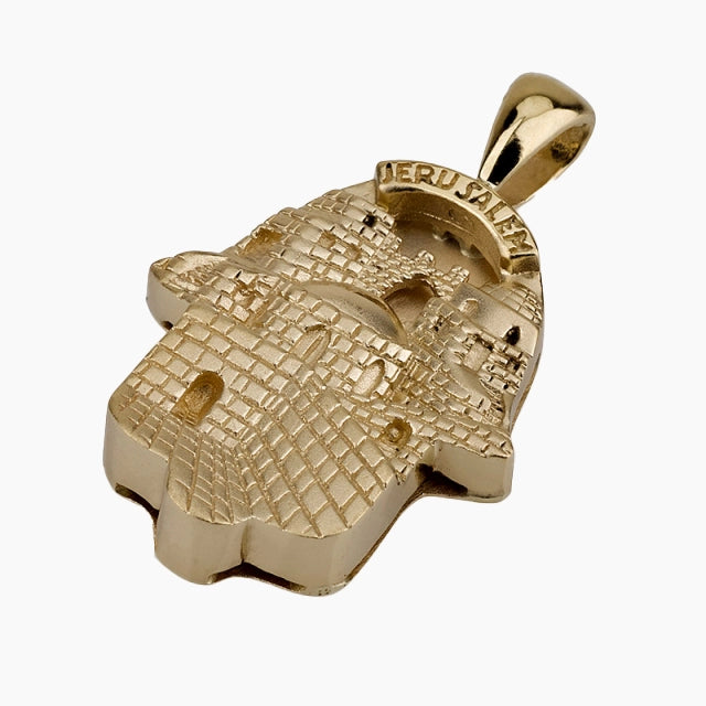 Pendentif Hamsa en or massif 14 carats avec motifs Jérusalem gravés