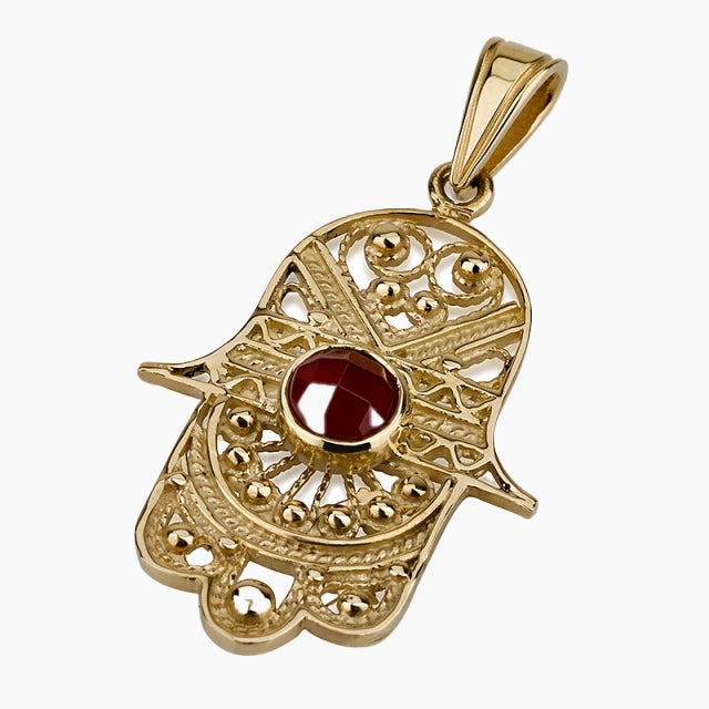 Pendentif Hamsa en or 14 carats avec cornaline