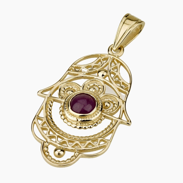 Pendentif Hamsa en or massif 14 carats avec pierre précieuse exquise