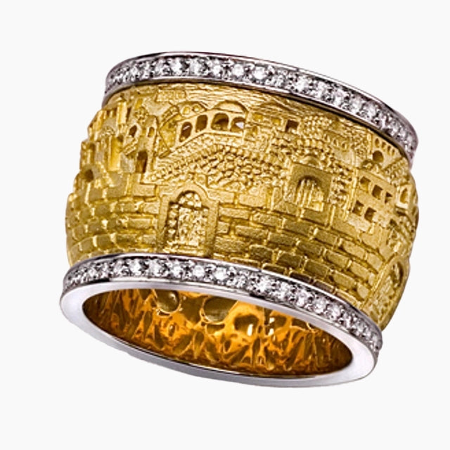 18K Gold Jerusalem Motif Spining Ring with Diamonds