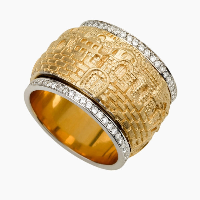 Bague tournante en or 18 carats avec motif Jérusalem et diamants