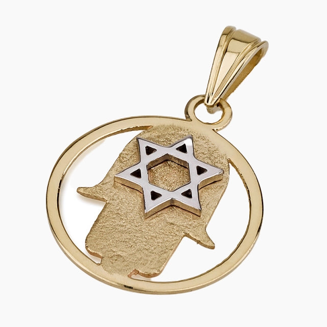 Pendentif Hamsa éternel en or 14 carats avec étoile de David