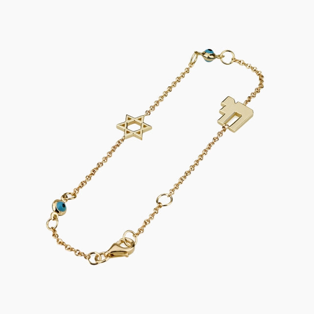 Pulsera de oro de 14 quilates con dijes judíos