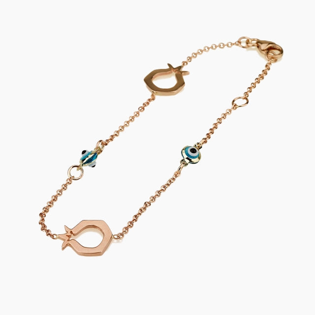 Bracelet éternel en or rose 14 carats avec breloques œil et grenade