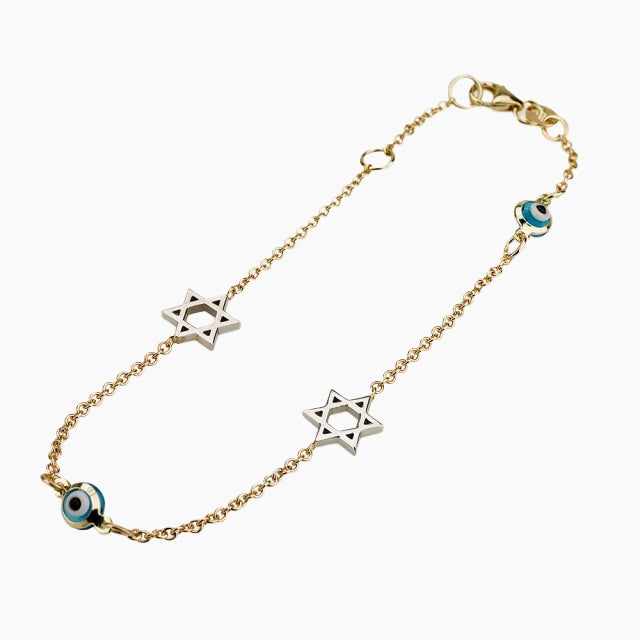 14K Yellow & White Gold Bracelet with Star of David & Evil Eye Charms