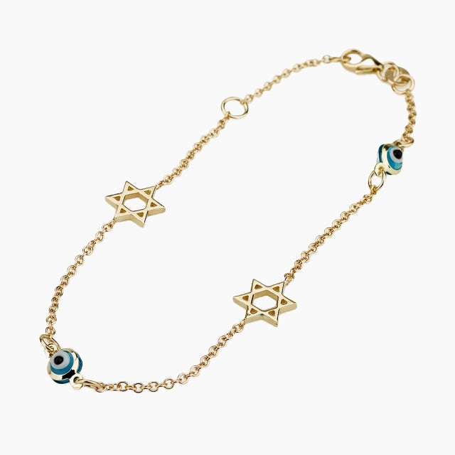 14k Gold Jewish Bracelet with Star of David & Evil Eye Charms