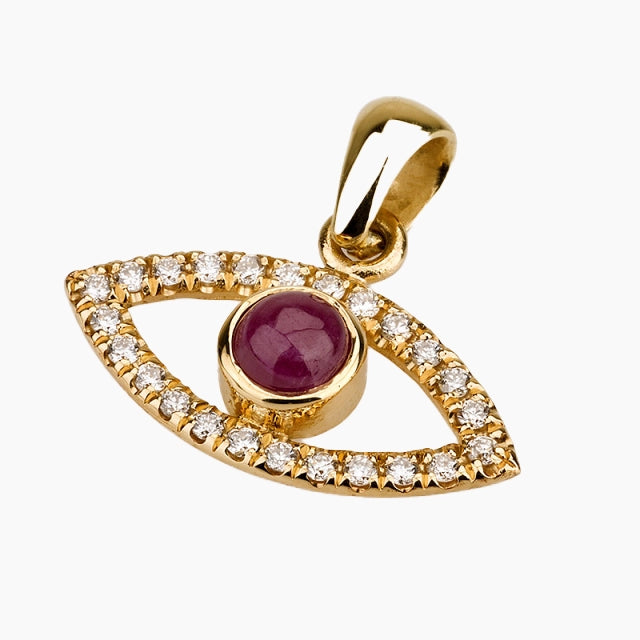 Colgante de ojo de lujo de 18 quilates con diamantes y rubí