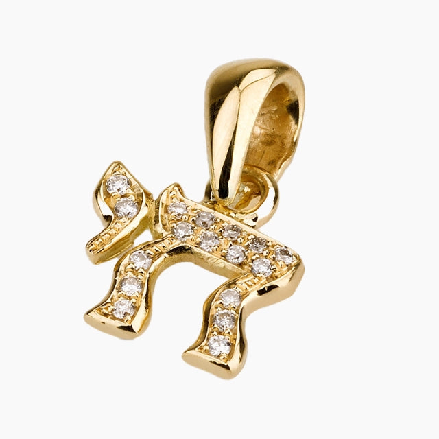 Deluxe 18K Solid Gold Chai Pendant with Diamonds