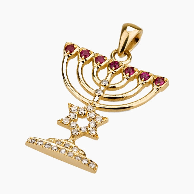 18k Gold With Diamonds & Rubies Menorah Pendant