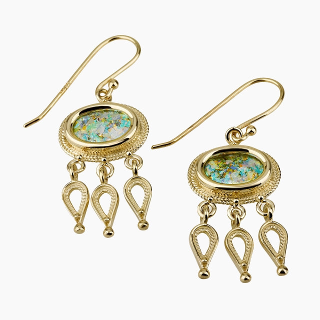 Boucle d'oreille en or massif 14 carats avec verre romain, fabriquée à la main