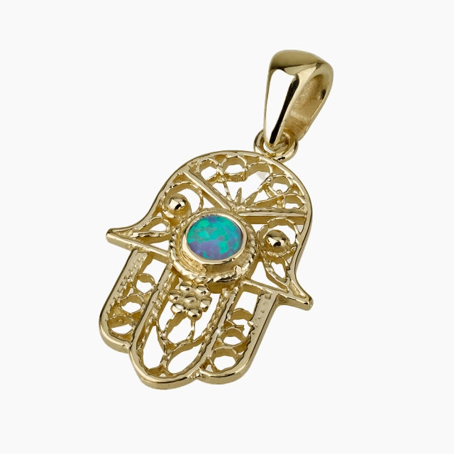 Colgante de Hamsa de oro de 14 quilates con ópalo